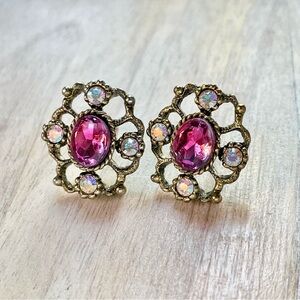 Vintage Victorian Revival Pink Gemstone Rhinestones Stud Earrings